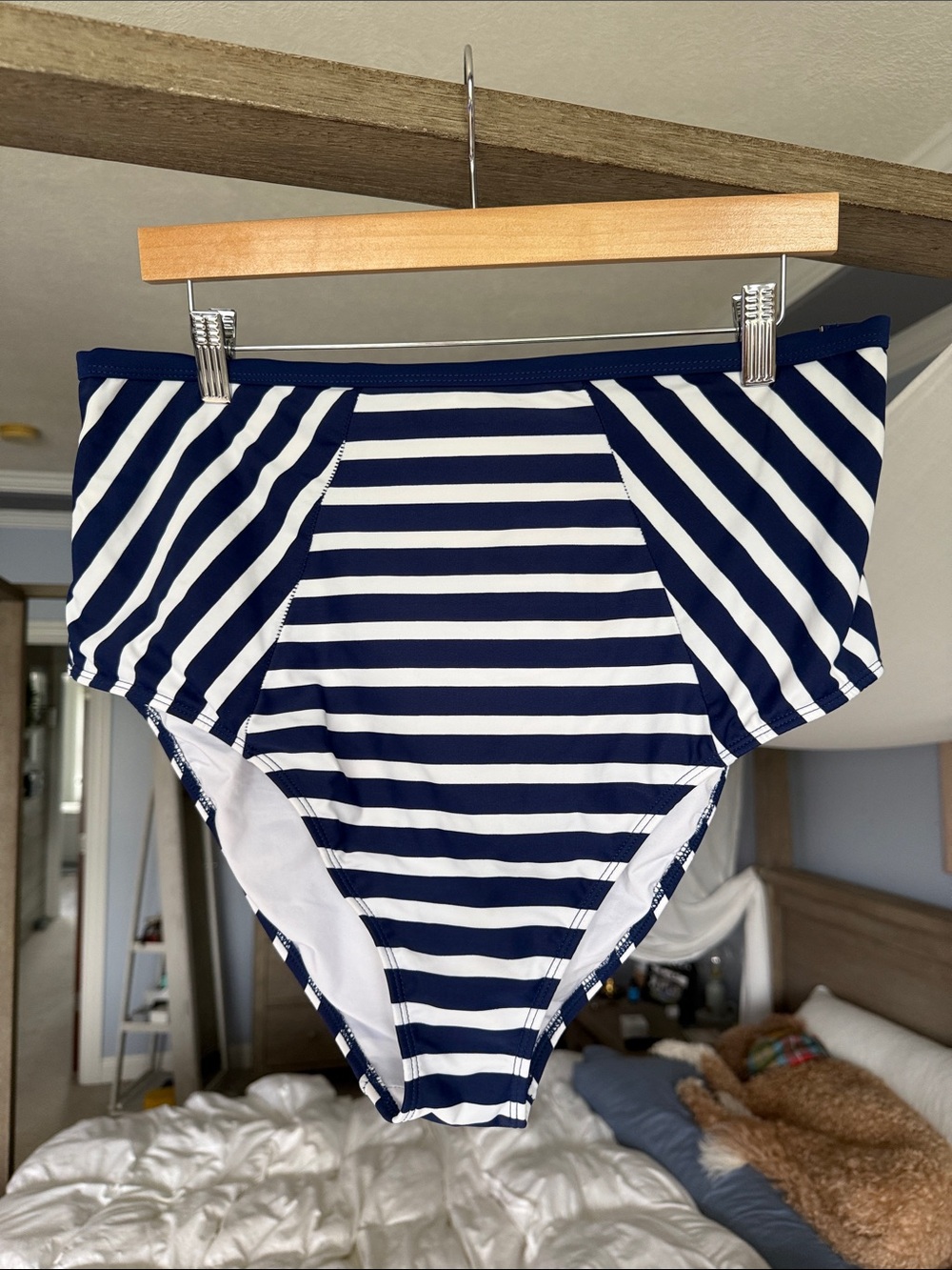 VENUS Navy and White Striped High-Waist Bikini Bottoms